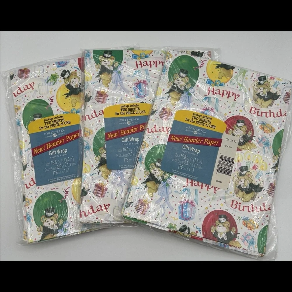 3 Packs New VTG American Greetings Happy Birthday Bears Gift Wrap Sheets